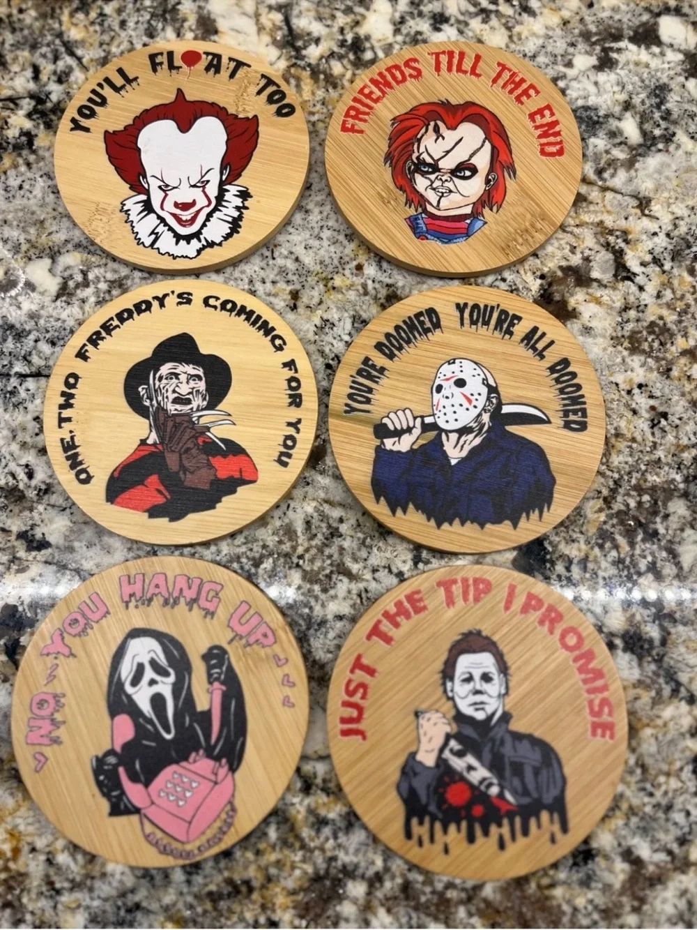 Horror Movie Character Bamboo Coasters - Set of 6 (Natural Wood)